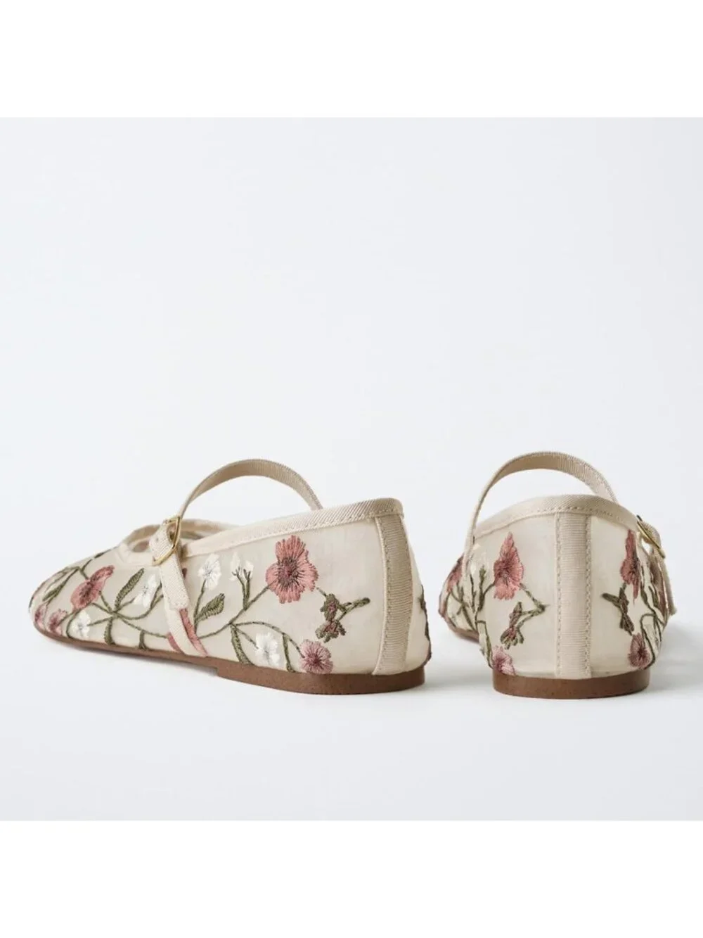 Floral Embroidered Mesh Ballet Flats for Women - Round Toe Mary Jane Style